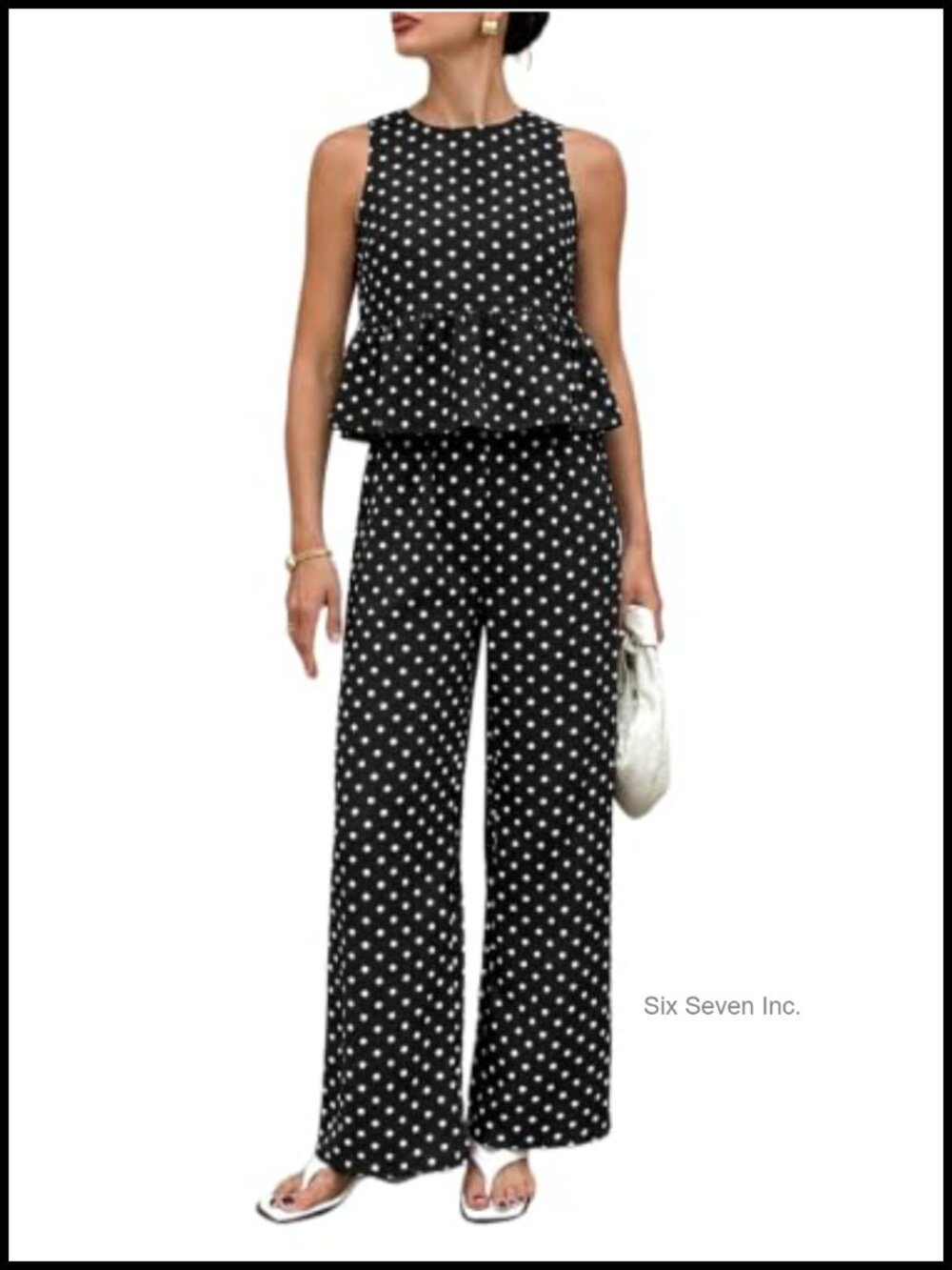 Sleeveless Peplum Top and Pants Set Polka Dot Summer Outfit